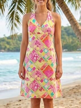 Vintage 90s Lilly Pulitzer Diamond Head Halter Dress Sz 4 Pink Green Resortwear